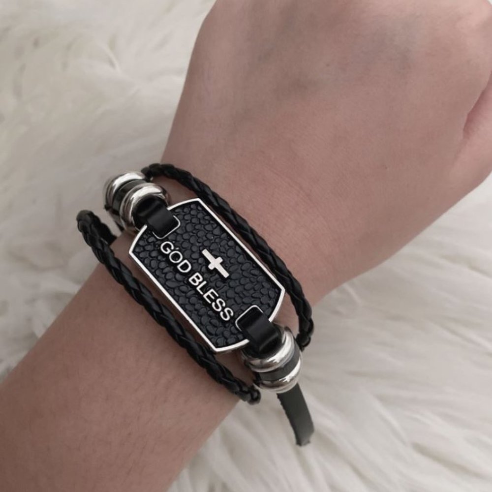 God bless cross leather bracelet adjustable wrap bangle